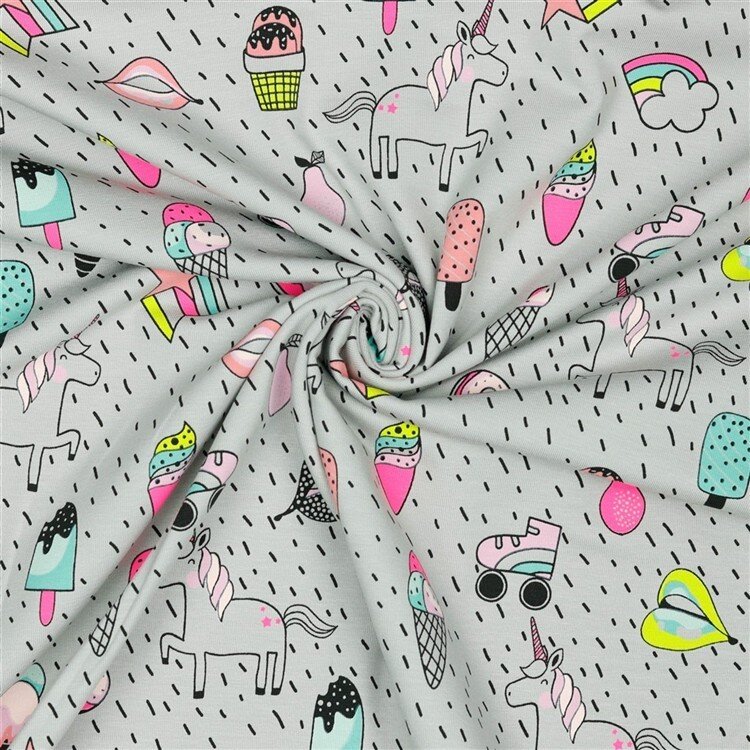 Baumwolljersey Neon Einhorn Party lichtgrau