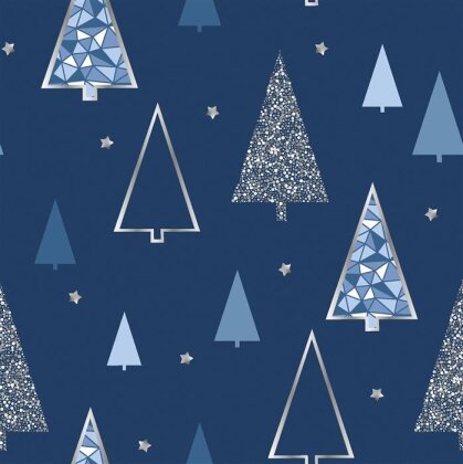 Baumwollpopeline Weihnachten metallic Mosaik Bäume dunkelblau