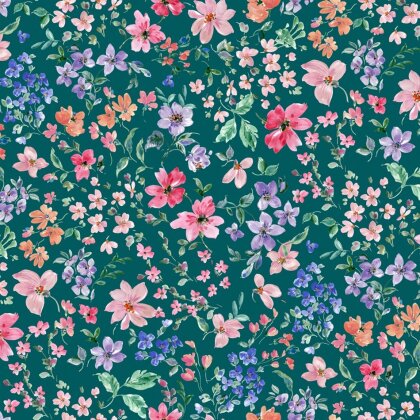 French Terry Digital Blumen - dunkelpetrol