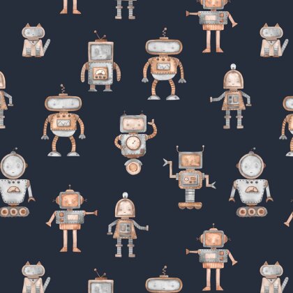 Baumwolljersey Digital Roboter - dunkelblau