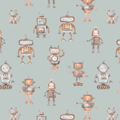 Baumwolljersey Digital Roboter - atlantikblau