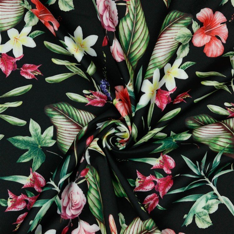 Polyesterjersey Hibiskusblüte - schwarz