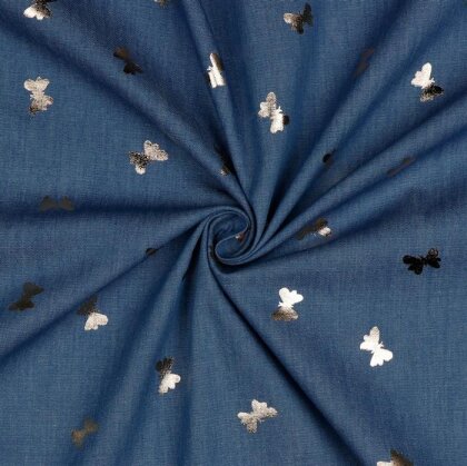 Jeansstoff goldene Schmetterlinge - jeansblau