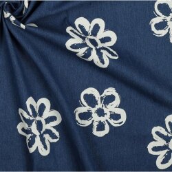 Jeansstoff Stretch Blumen - jeansblau