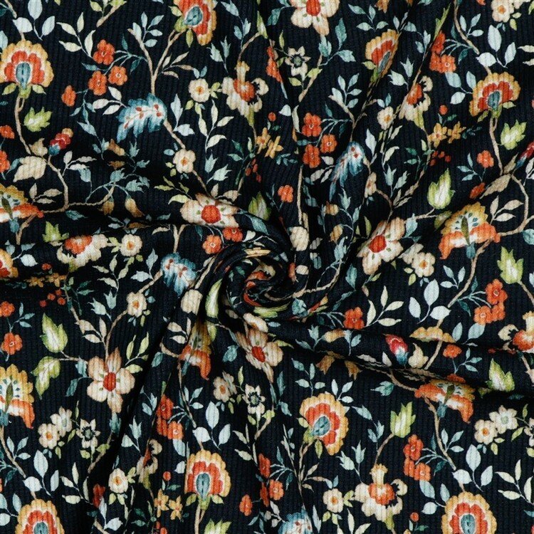 Rippenjersey Digital Blumen - dunkelblau