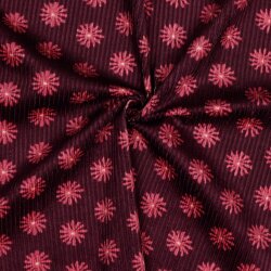 Cordstoff vorgewaschen Blumen - dunkelkirschrot
