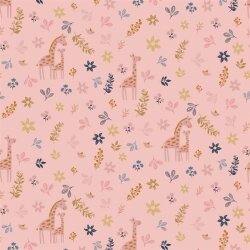 Baumwollpopeline Organic Giraffe mit Blumen - quarzrosa