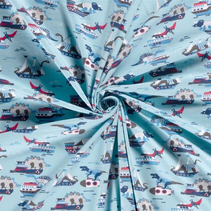 Baumwolljersey Dinosaurierangriff - babyblau