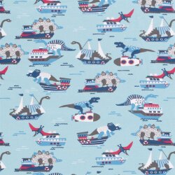 Baumwolljersey Dinosaurierangriff - babyblau