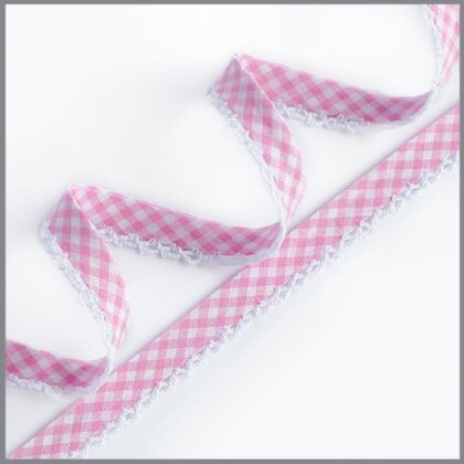 Vichy Schrägband mit Häkelspitze - weiß/girlie pink