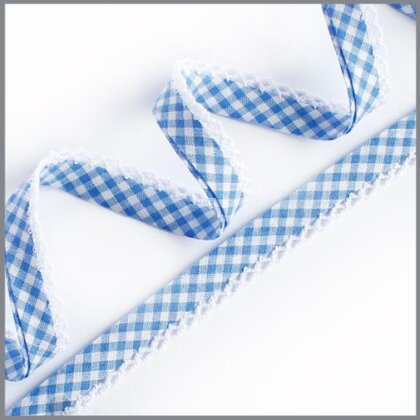 Vichy Schrägband mit Häkelspitze - weiß/blau