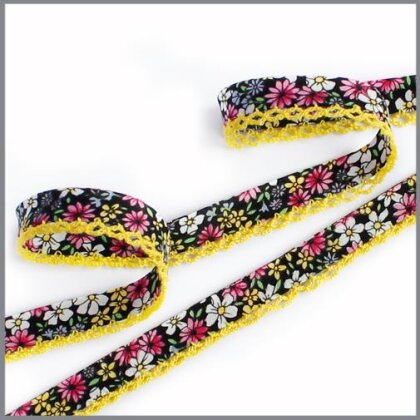 Schrägband mit Häkelspitze - Blumen schwarz/gelb