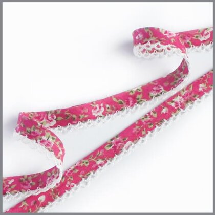 Schrägband mit Häkelspitze - Blumen pink/weiß