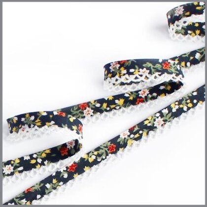 Schrägband mit Häkelspitze - Blumen nachtblau/weiß