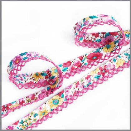 Schrägband mit Häkelspitze - Blumen pink/bunt