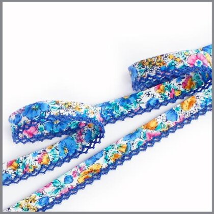 Schrägband mit Häkelspitze - Blumen royalblau/bunt
