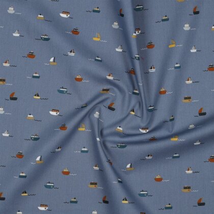 Baumwollpopeline Organic bunte Boote - schattenblau