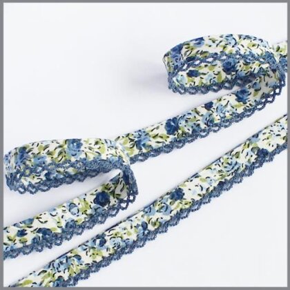 Schrägband mit Häkelspitze - Blumen creme/dunkel graublau