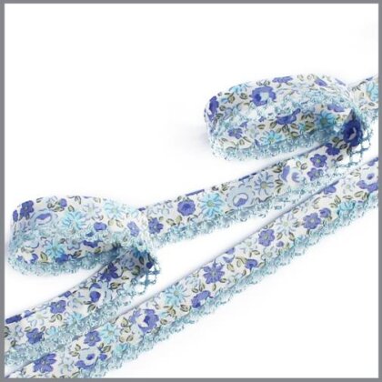 Schrägband mit Häkelspitze - Blumen weiß/hellblau