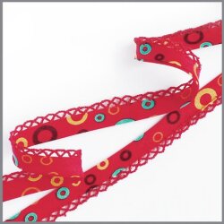Schrägband mit Häkelspitze - Kreise rot/bunt