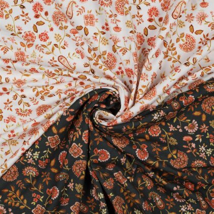 Baumwolljersey Digital Paisley Blumen - weiss/pfirsich