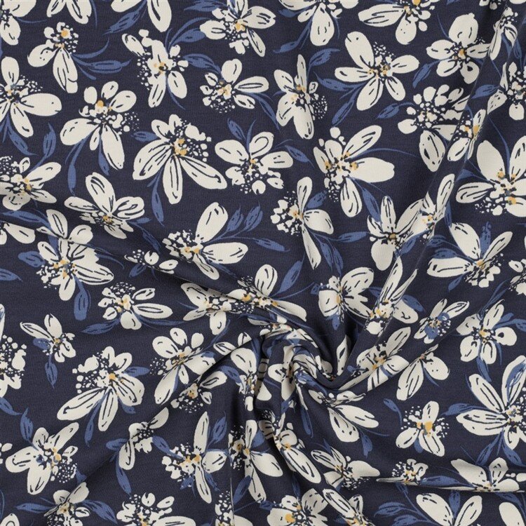 French Terry Blumen - dunkelblau