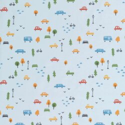 Baumwollpopeline bunte Fahrzeuge - hellblau
