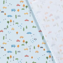 Baumwollpopeline bunte Fahrzeuge - hellblau