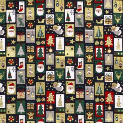 Baumwollpopeline Foliendruck Weihnachtspatchwork- nachtblau