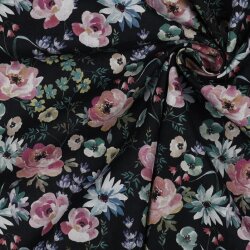 Baumwollpopeline Digital Blumen - schwarz