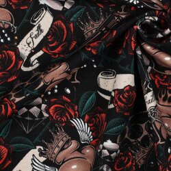 French Terry Digital Tattooherz mit Rosen - schwarz