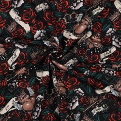 French Terry Digital Tattooherz mit Rosen - schwarz