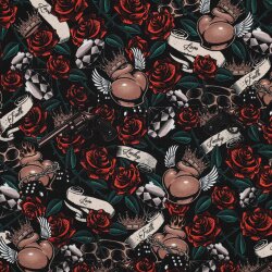 French Terry Digital Tattooherz mit Rosen - schwarz