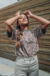 Baumwolljersey  Blumen - anthrazit meliert