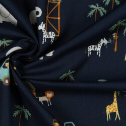 Baumwollpopeline Safari Tiere - dunkelblau