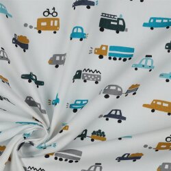 Baumwollpopeline kleine Autos- weiß