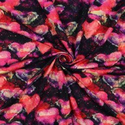 Baumwolljersey Digital Neon Herzen - dunkelblau / CORAL