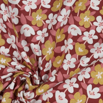 Baumwolljersey Glitzer Blumen - steinrot