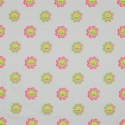 Baumwolljersey Neon Smiley Blumen - weiss