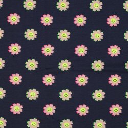 Baumwolljersey Neon Smiley Blumen - nachtblau