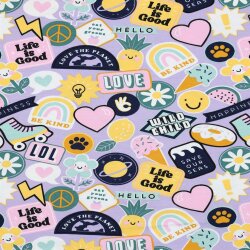 Baumwolljersey 80er Sticker Peace - helllila