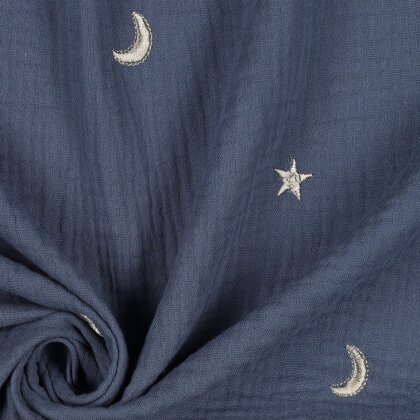 Musselin Bestickt Mond und Sterne - jeansblau