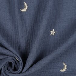 Musselin Bestickt Mond und Sterne - jeansblau