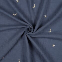 Musselin Bestickt Mond und Sterne - jeansblau