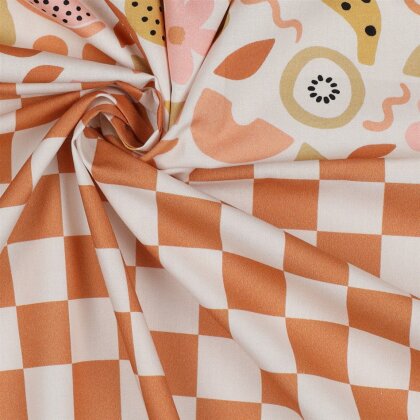 Baumwollpopeline kleines Schachbrettmuster - creme/orange