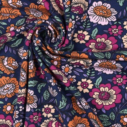 Baumwolljersey Blumen - dunkelblau