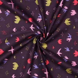 Baumwollpopeline bunte Vögel - aubergine