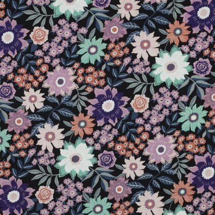Baumwollpopeline magische Blumen - schwarz