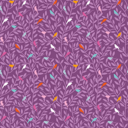 Baumwollpopeline bunte Vögel auf Zweigen - violett