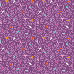 Baumwollpopeline bunte Vögel auf Zweigen - violett